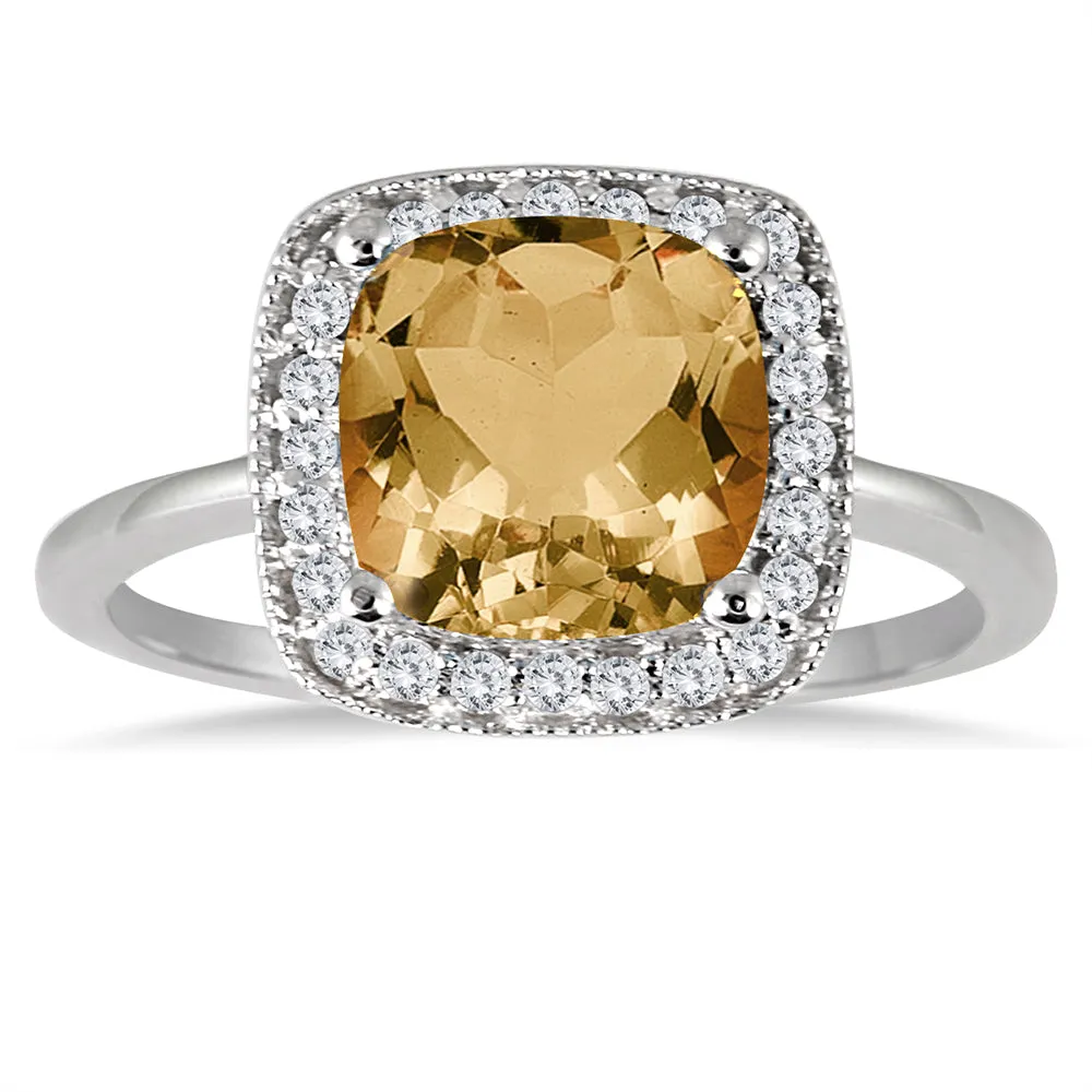 1 1/4 Carat Cushion Cut Citrine And Diamond Ring In 14K White Gold