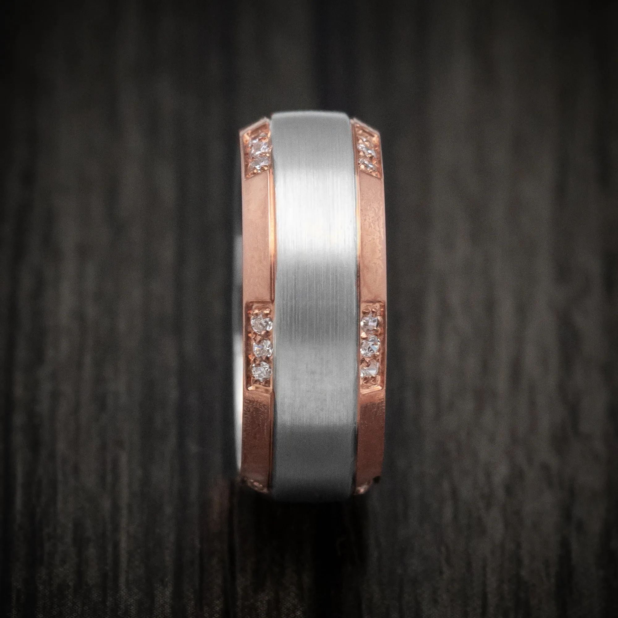 14K Two-Tone Rose and White Gold Men's Ring with Diamonds Custom Wedding Band