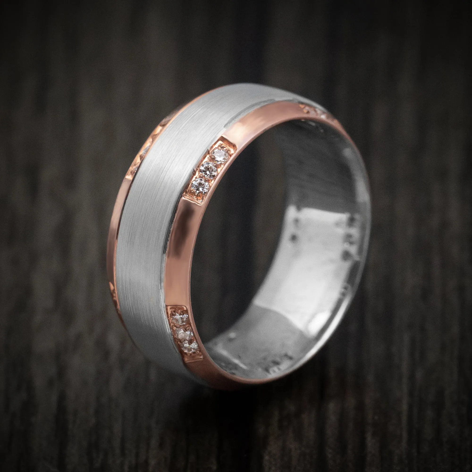 14K Two-Tone Rose and White Gold Men's Ring with Diamonds Custom Wedding Band