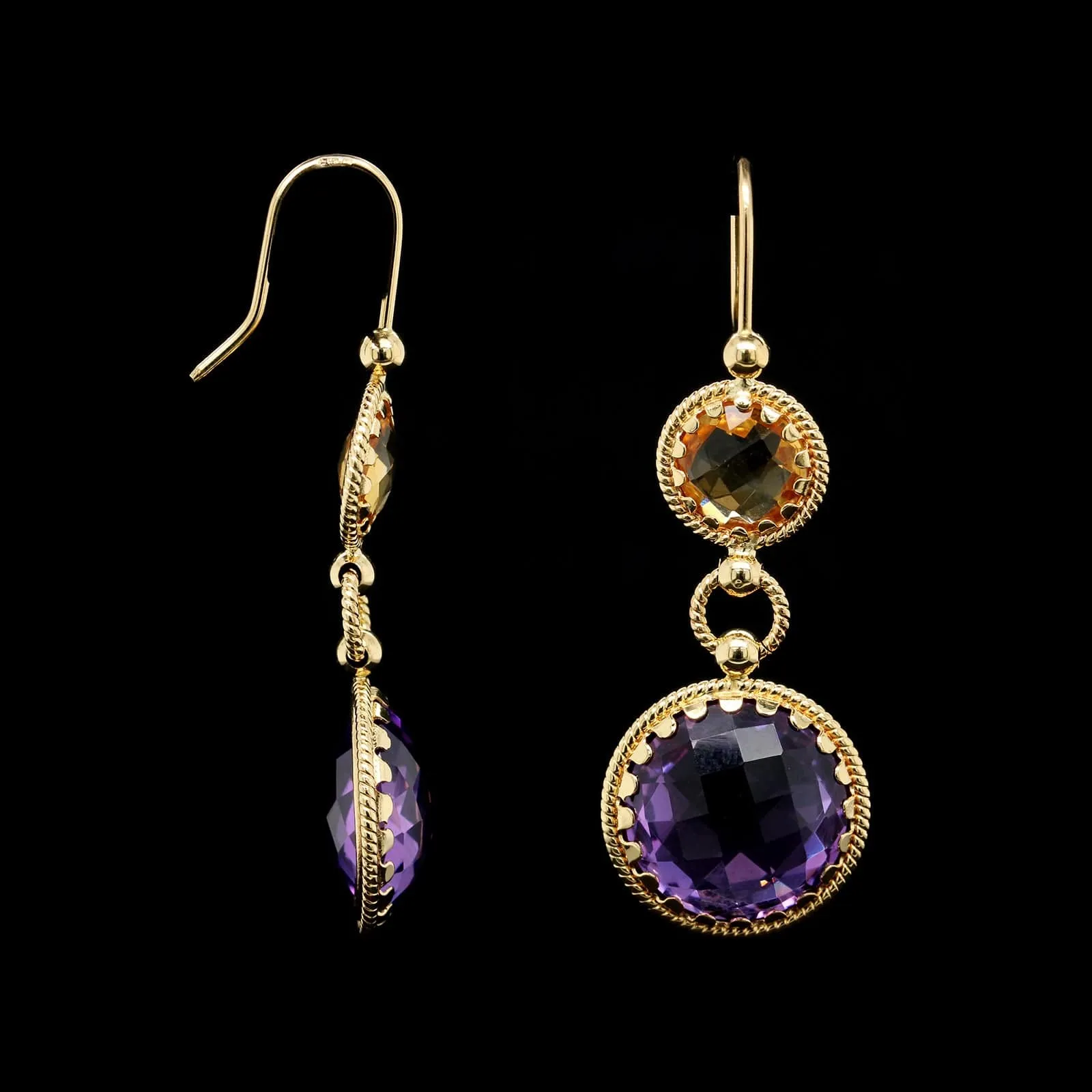 18K Yellow Gold Estate Amethyst and Citrine Drop Earrings