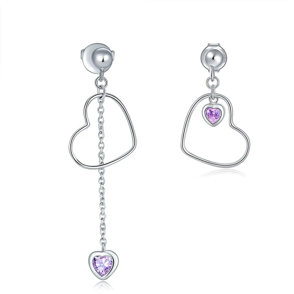 925 Sterling Silver Dangle Drop Pink Heart Earrings MXFE8152