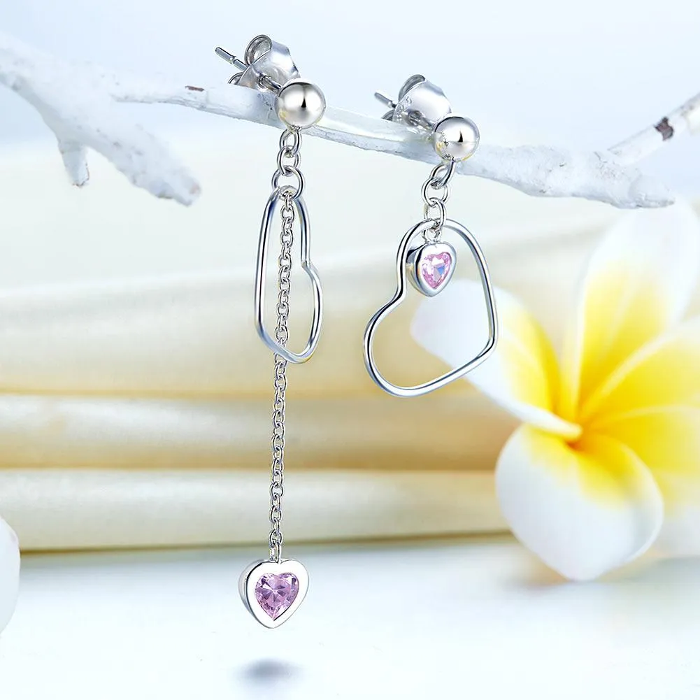 925 Sterling Silver Dangle Drop Pink Heart Earrings MXFE8152