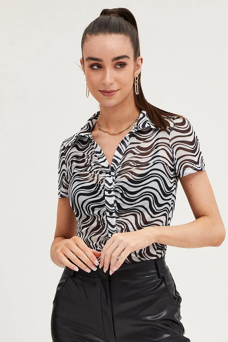 Abstract Print Shirt Short Sleeve Mesh