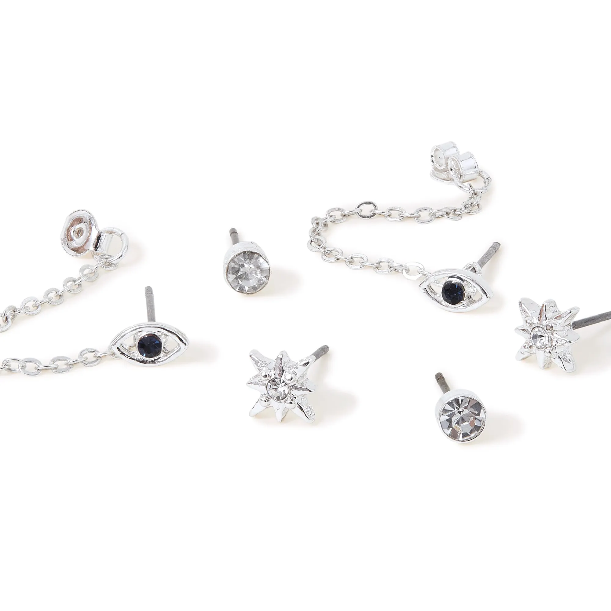 Accessorize London Women's Silver Set Of 3 Evil Eye Stud Earring Pack