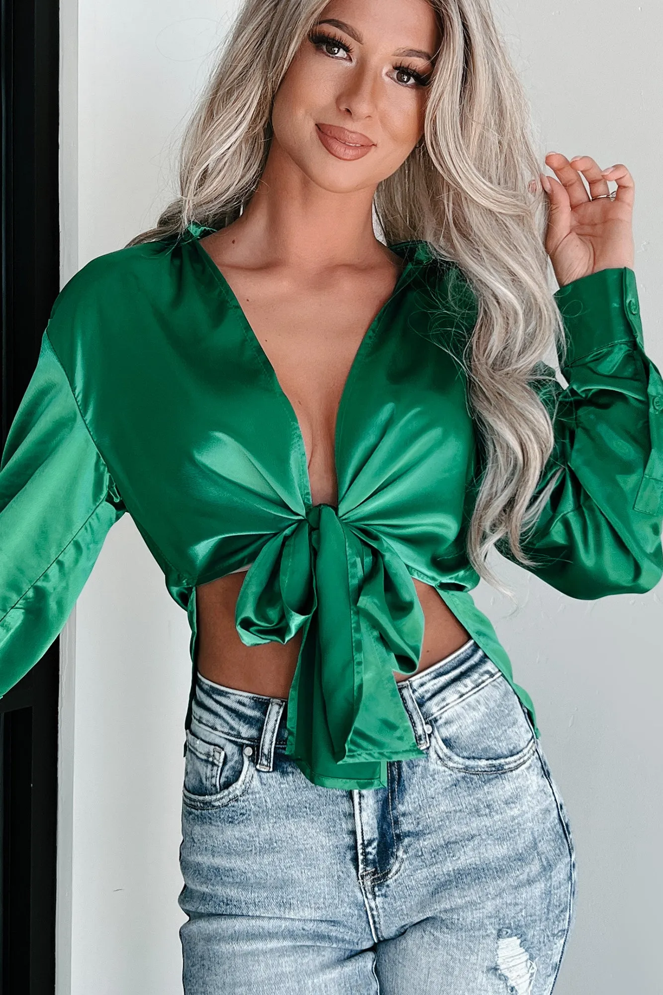 Achieving Greatness Tie-Front Satin Top (Green)