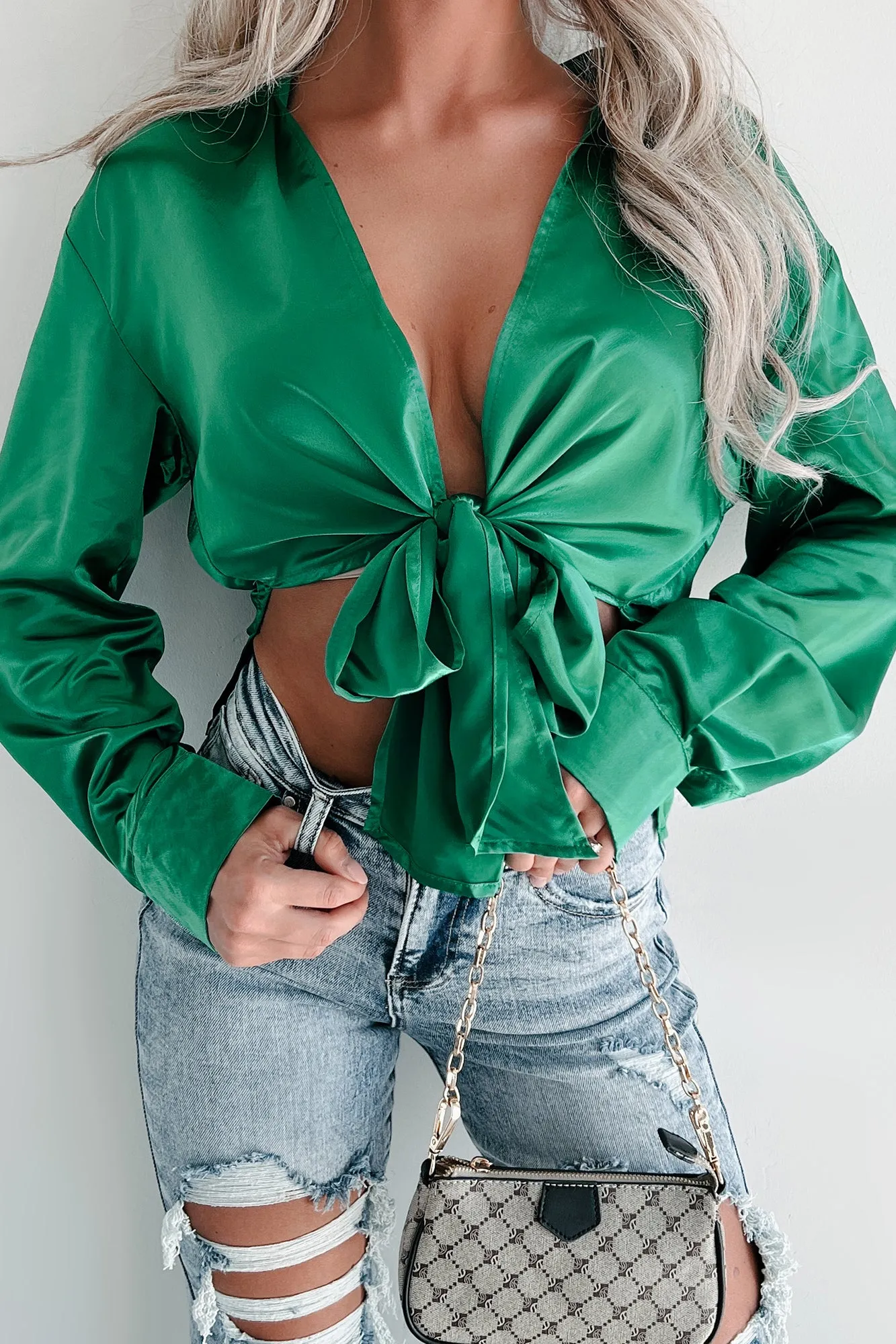 Achieving Greatness Tie-Front Satin Top (Green)