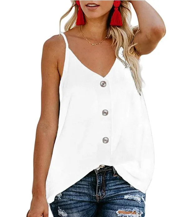 Adjustable Spaghetti Front Button Up Swing Tank Top Sleeveless Shirts