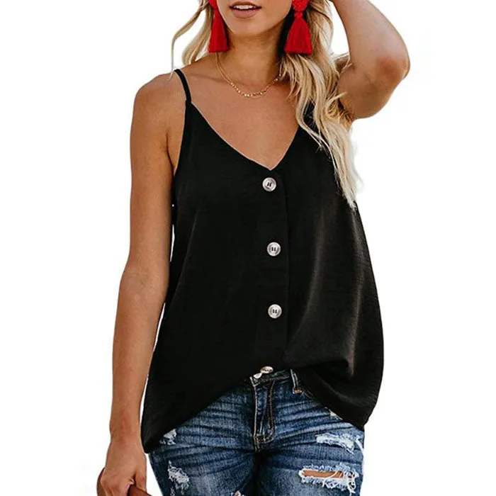 Adjustable Spaghetti Front Button Up Swing Tank Top Sleeveless Shirts