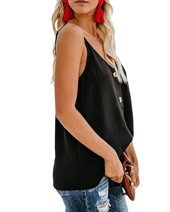 Adjustable Spaghetti Front Button Up Swing Tank Top Sleeveless Shirts