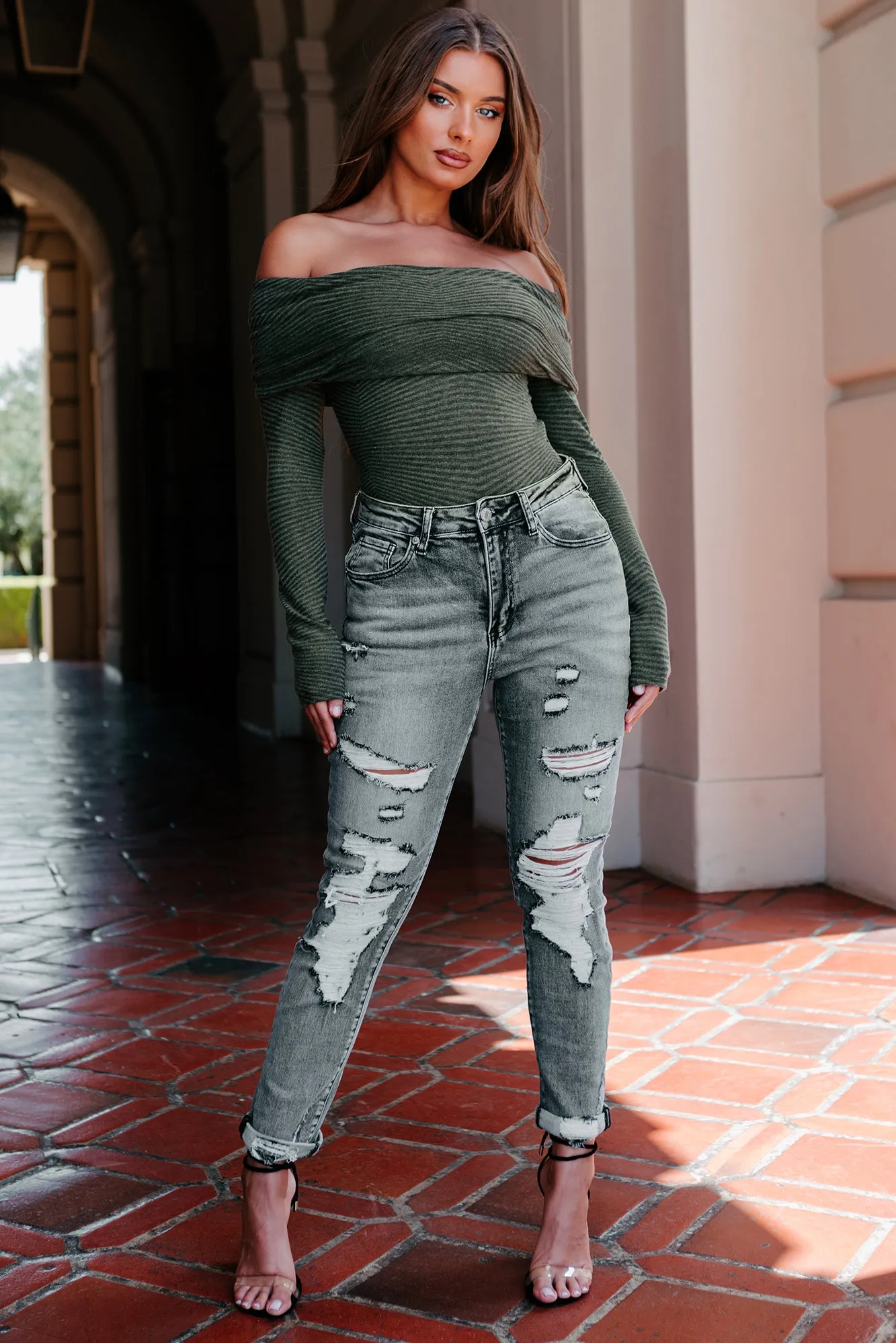 Always Presentable Long Sleeve Off The Shoulder Bodysuit (Olive)