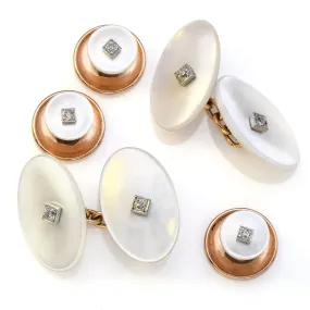 Antique Designer 14K Gold Mother of Pearl Diamond Cufflinks & Shirt Stud Set