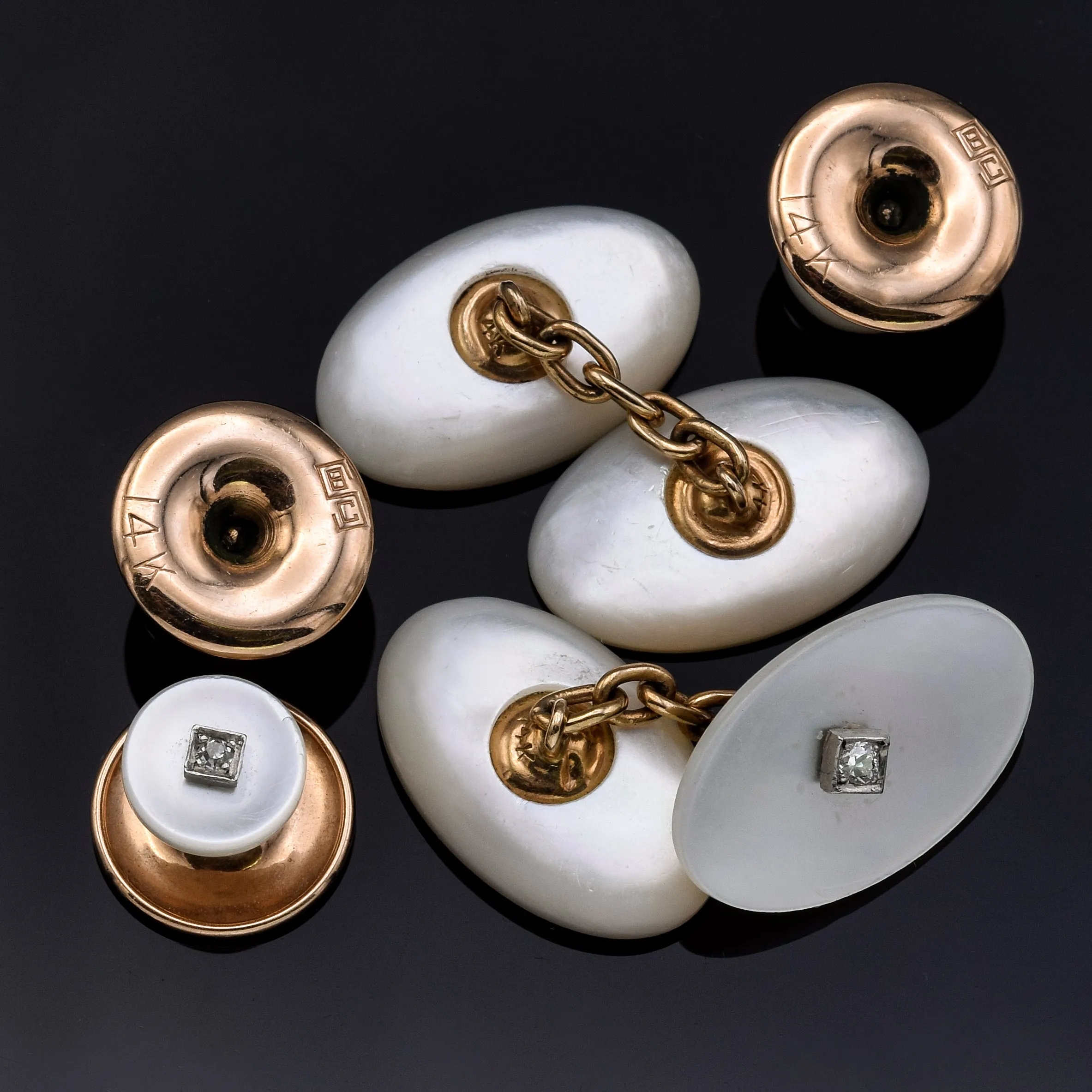 Antique Designer 14K Gold Mother of Pearl Diamond Cufflinks & Shirt Stud Set