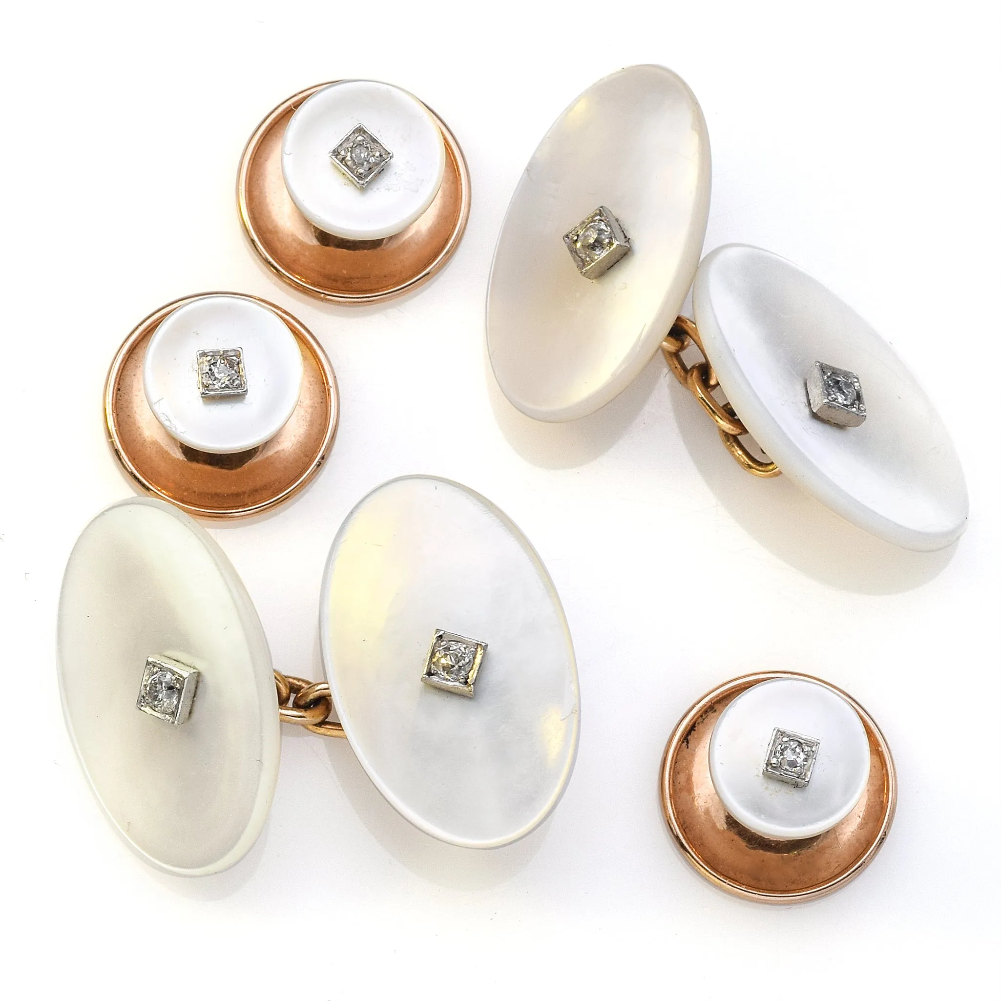 Antique Designer 14K Gold Mother of Pearl Diamond Cufflinks & Shirt Stud Set