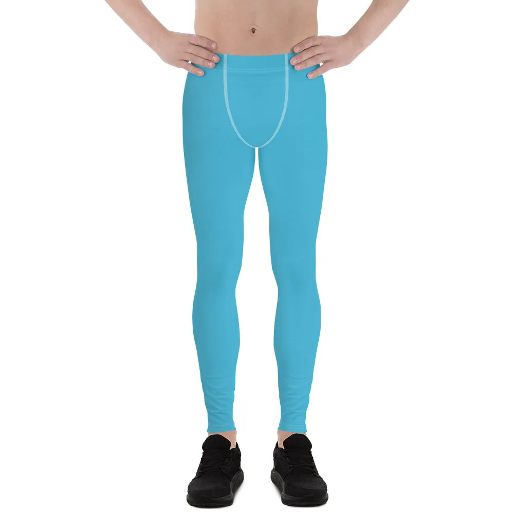 Aqua Blue Solid Color Meggings, Modern Solid Blue Color Designer Spandex Men's Tights/Leggings- Made in USA/ MX/ EU