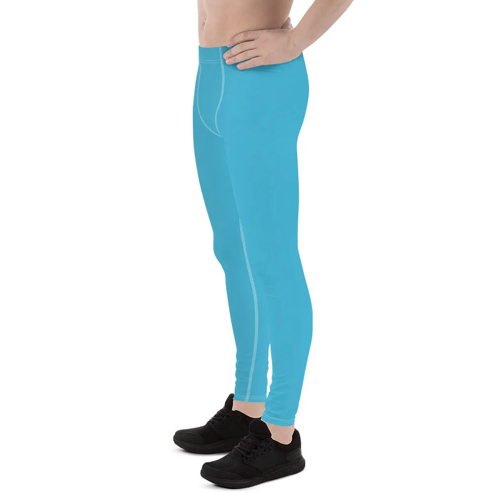 Aqua Blue Solid Color Meggings, Modern Solid Blue Color Designer Spandex Men's Tights/Leggings- Made in USA/ MX/ EU