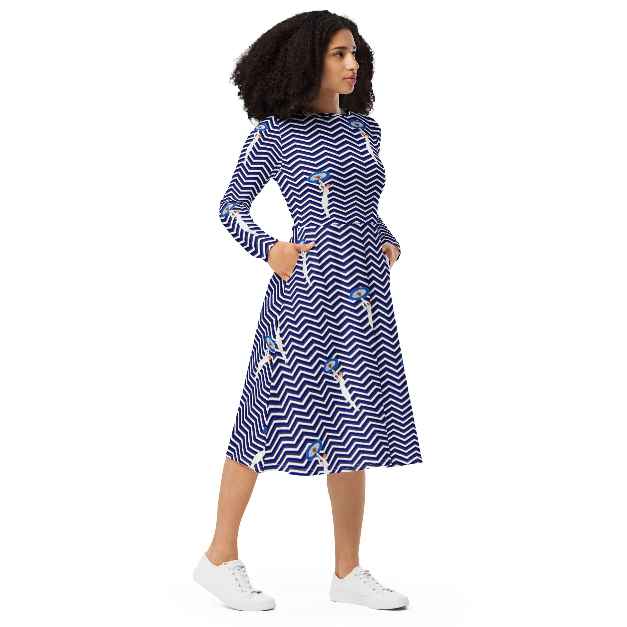 Art Deco Herringbone long sleeve midi dress