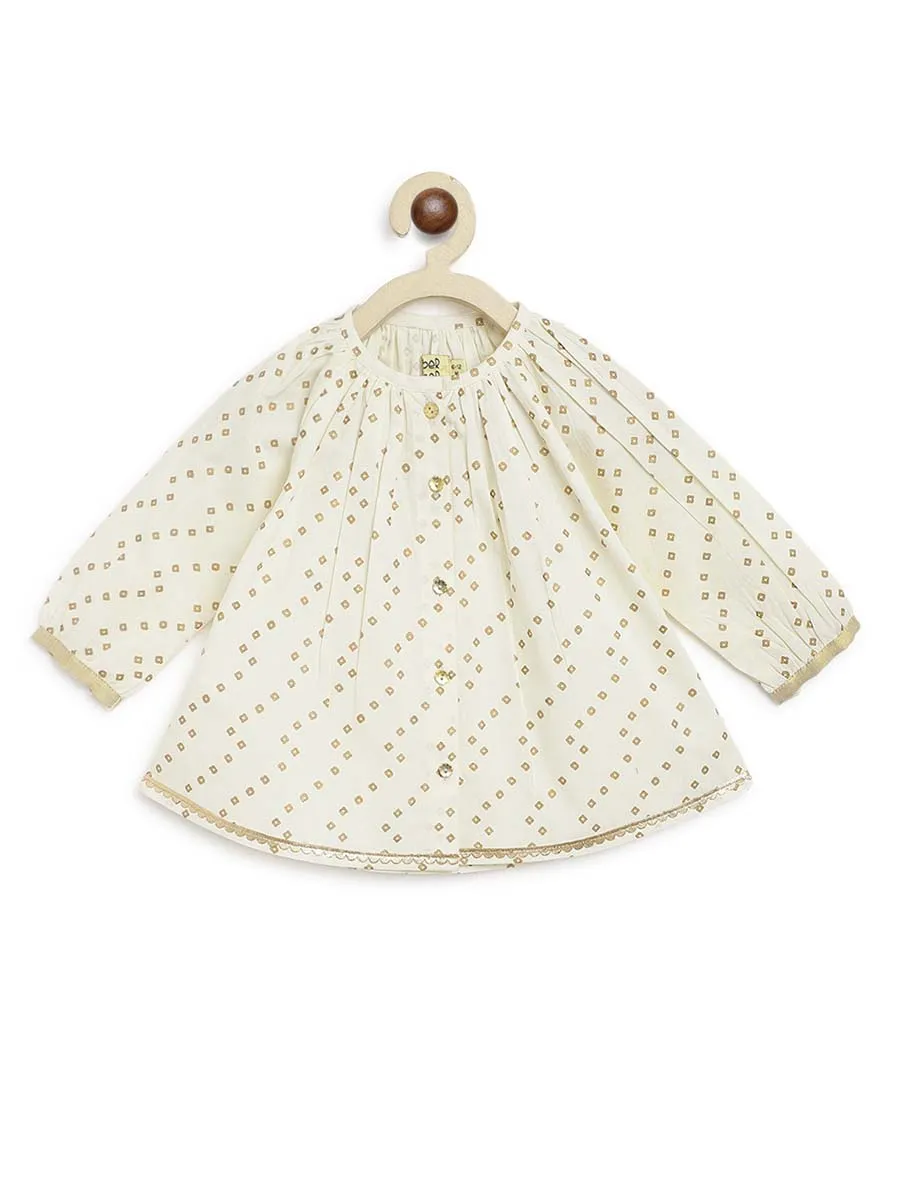 Baby Girl Bandhani Printed Jhabla Set-Cream