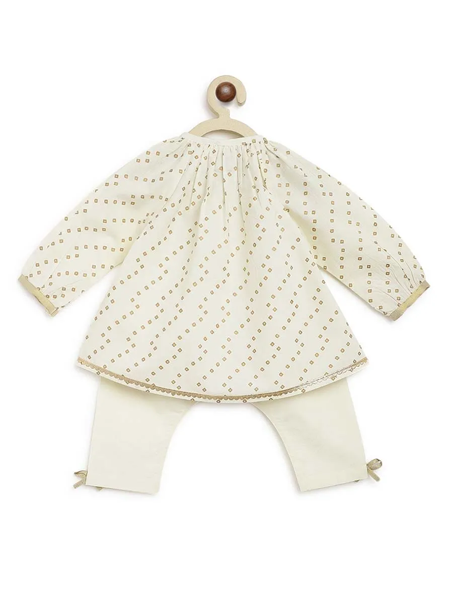 Baby Girl Bandhani Printed Jhabla Set-Cream