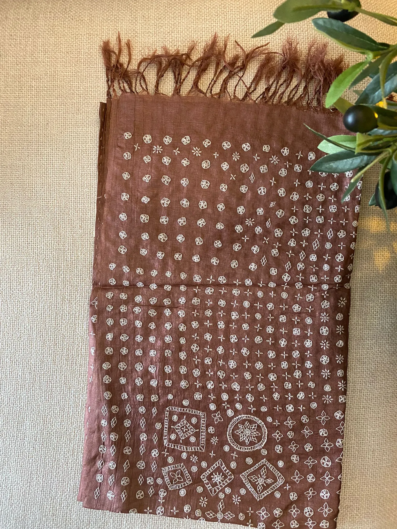 Banjara Hand embroidered Silk Stole, sienna