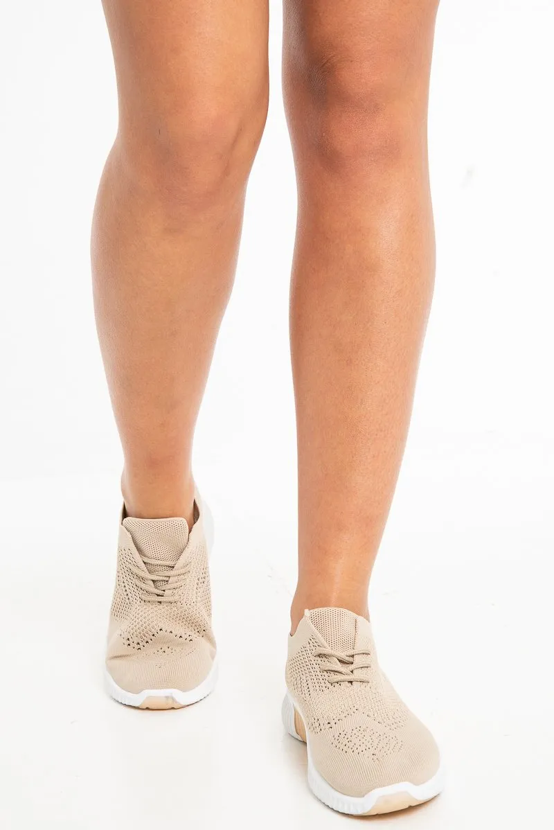 Beige Sock Fit Slip On Lace Trainers - Aleya