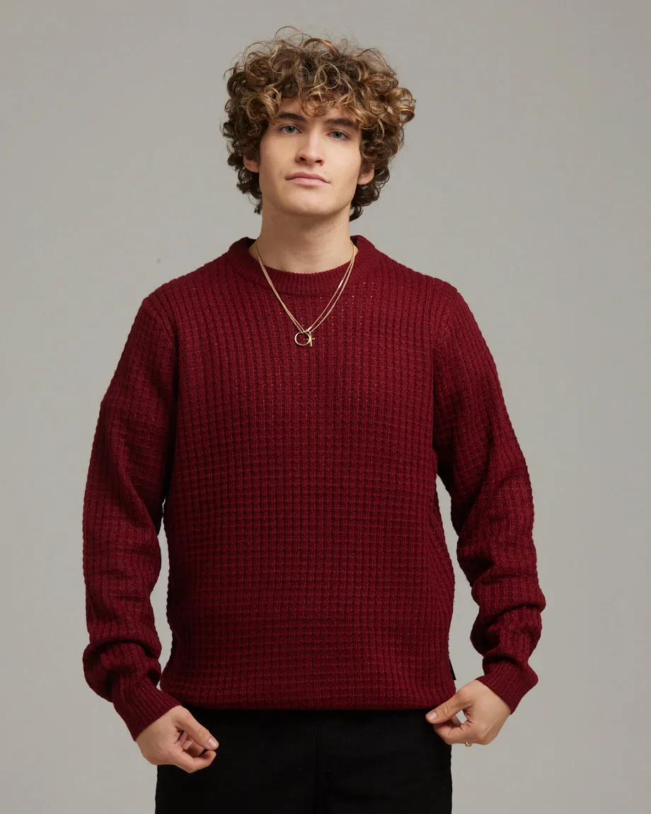 BJORN CREW NECK WAFFLE KNIT JUMPER | BURGUNDY