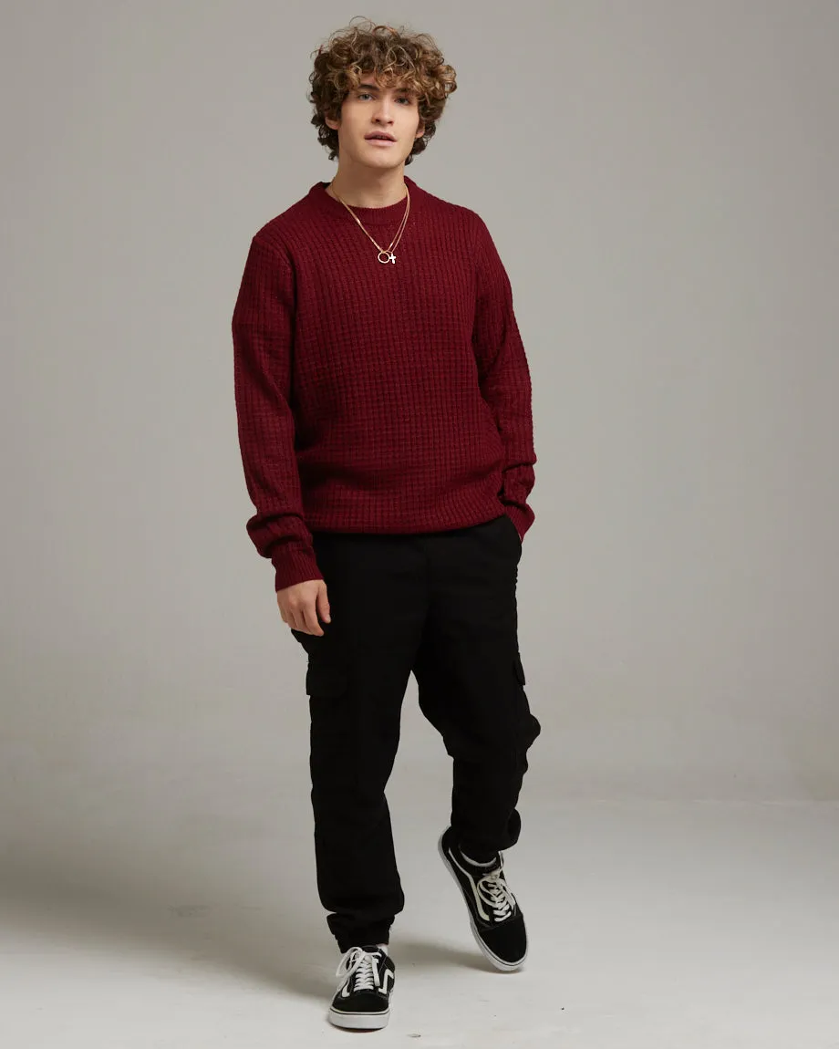 BJORN CREW NECK WAFFLE KNIT JUMPER | BURGUNDY