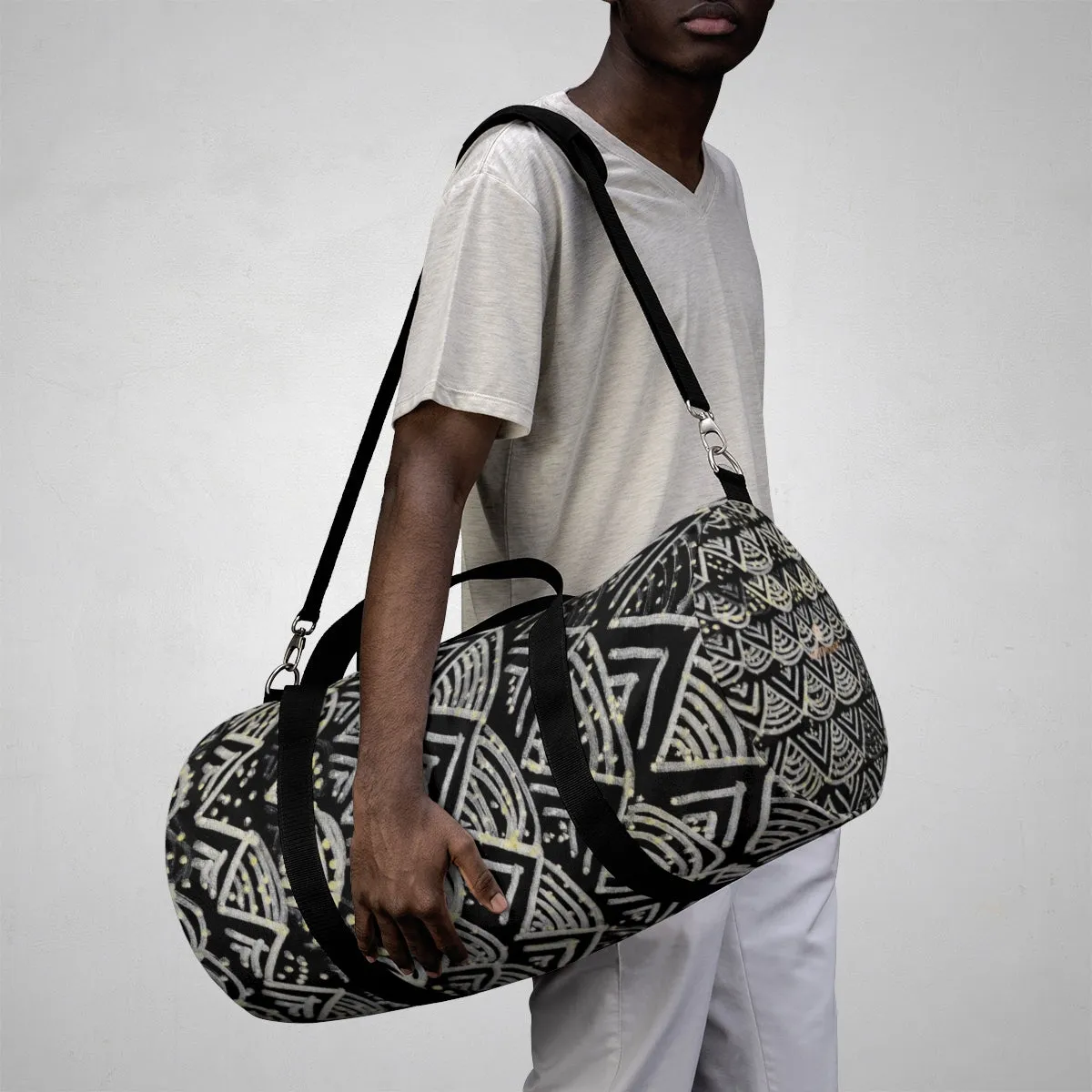 Black Geometric Duffel Bag, African Tribal Pattern Small/ Large Size Duffel Bag-Made in USA