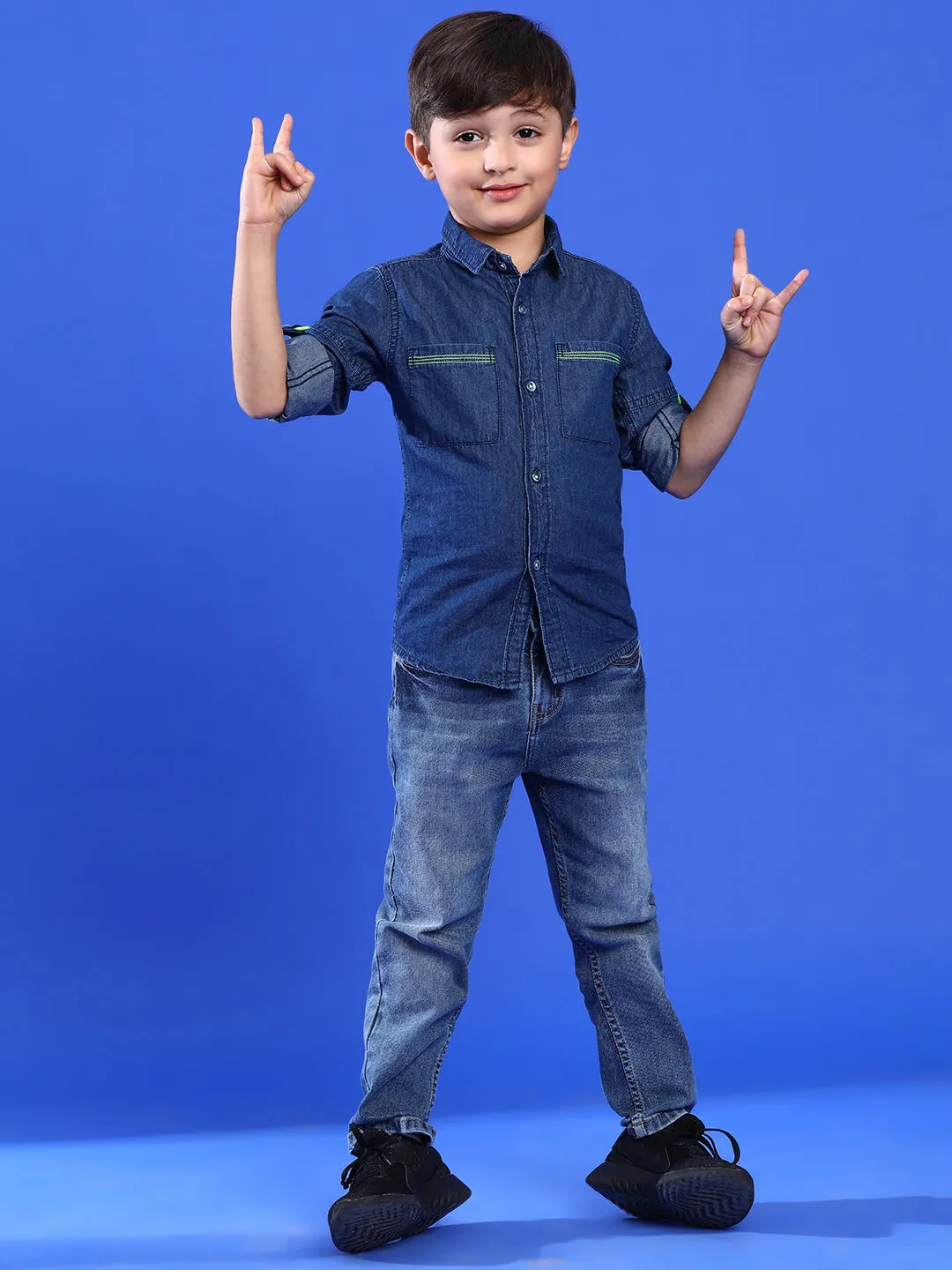 Boys Solid Dark Blue Cotton Regular Fit Full Sleeve Shirt