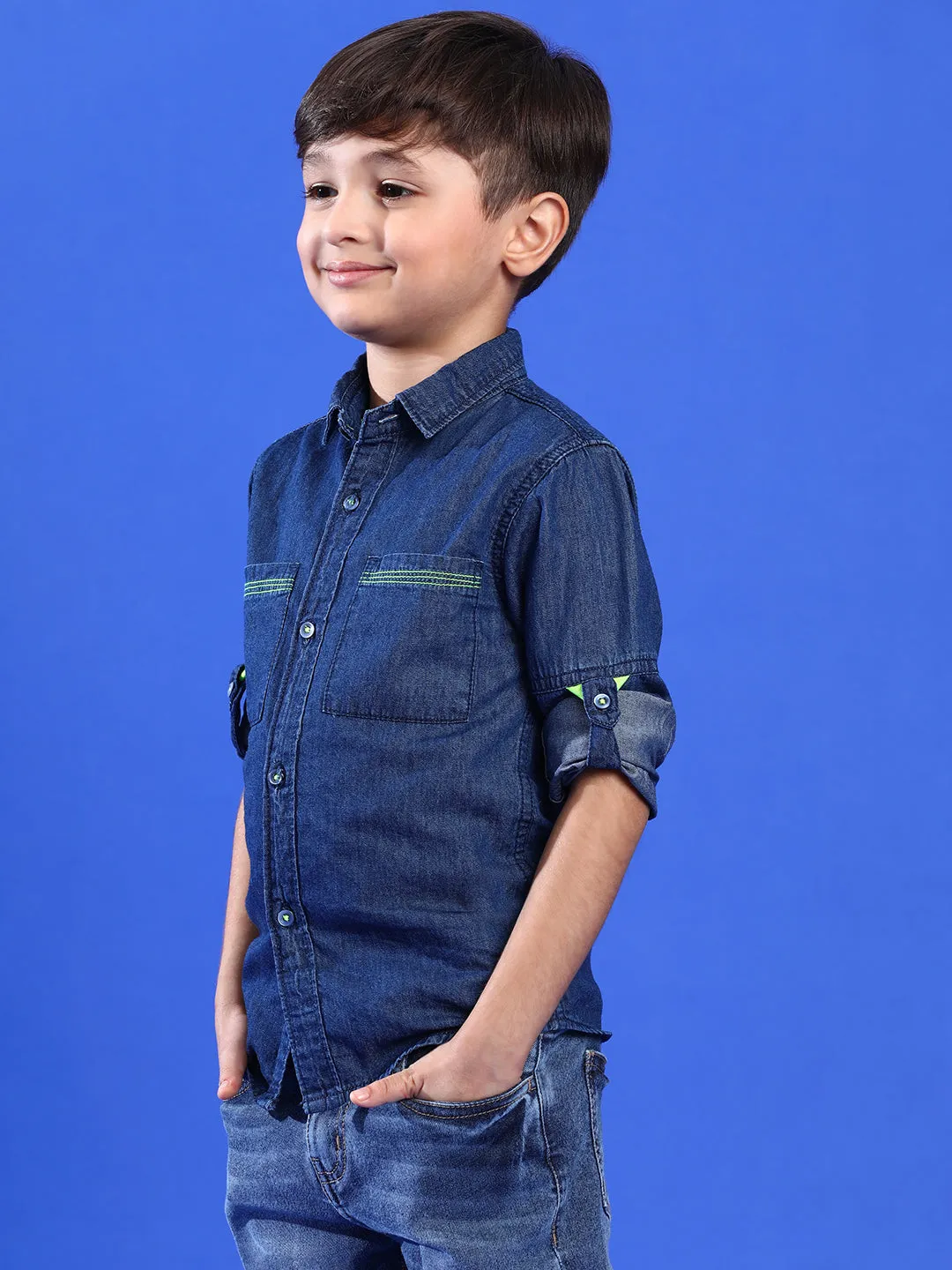 Boys Solid Dark Blue Cotton Regular Fit Full Sleeve Shirt