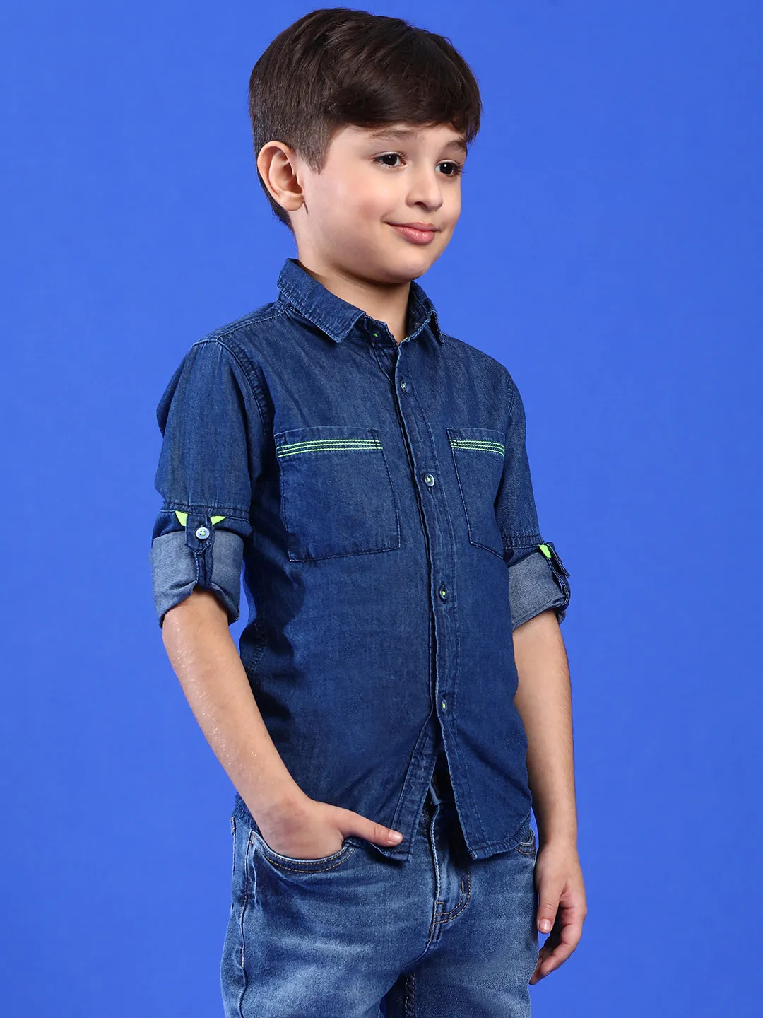 Boys Solid Dark Blue Cotton Regular Fit Full Sleeve Shirt