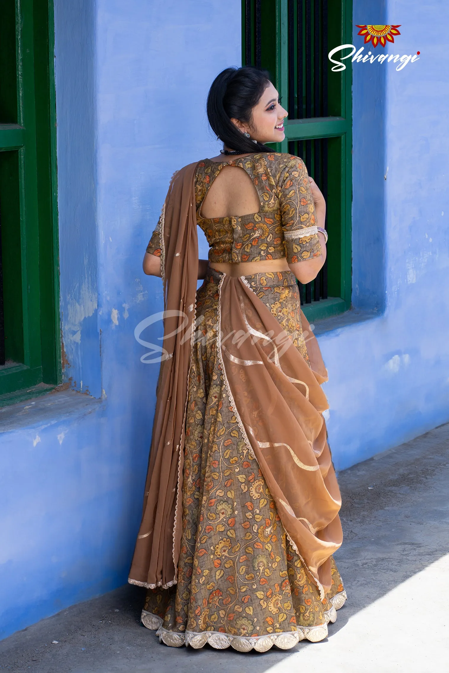 Brown kalamkari Silk Lehenga For Girls