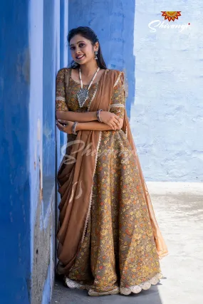 Brown kalamkari Silk Lehenga For Girls