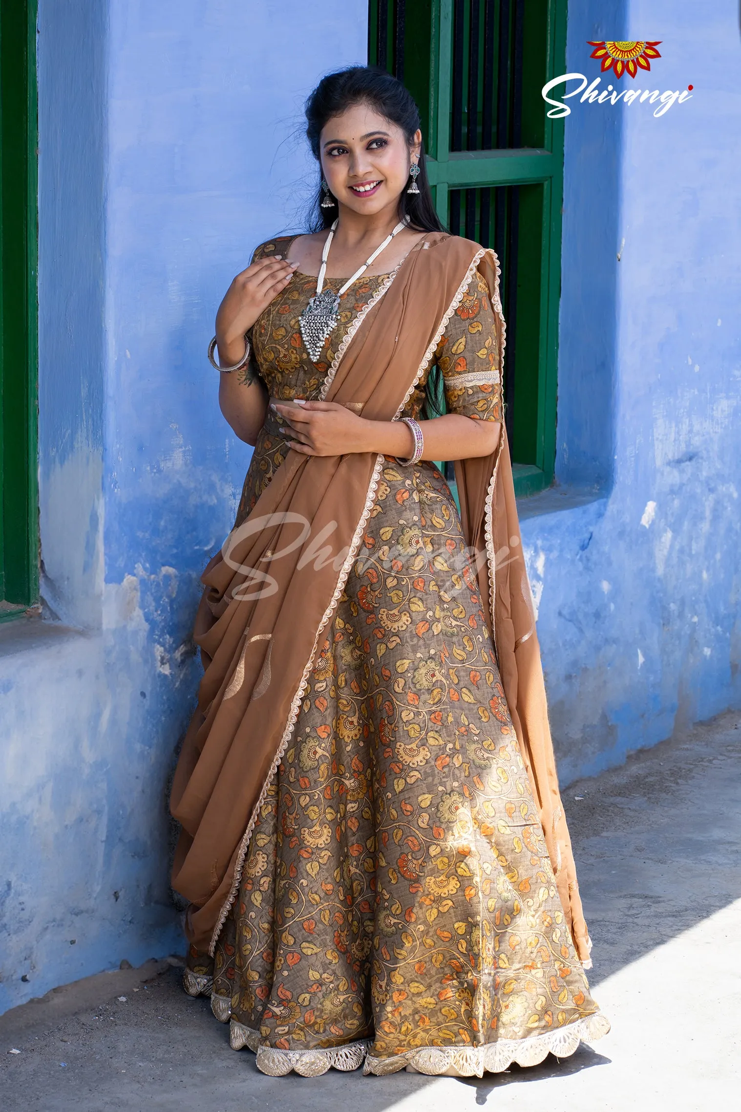 Brown kalamkari Silk Lehenga For Girls