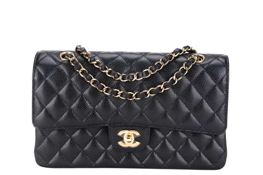 CHANEL CLASSIC FLAP (A047xxxx) MEDIUM BLACK CAVIAR GOLD HARDWARE, WITH DUST COVER & BOX