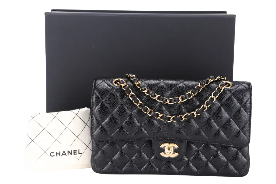 CHANEL CLASSIC FLAP (A047xxxx) MEDIUM BLACK CAVIAR GOLD HARDWARE, WITH DUST COVER & BOX