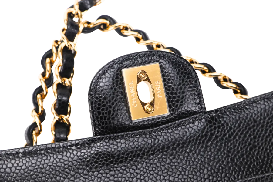 CHANEL CLASSIC FLAP (A047xxxx) MEDIUM BLACK CAVIAR GOLD HARDWARE, WITH DUST COVER & BOX