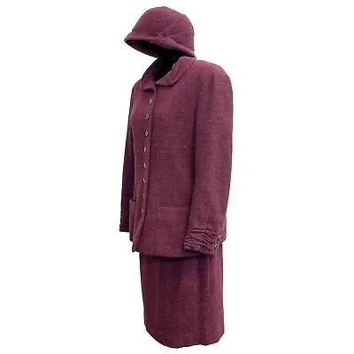 CHANEL- 98A 3 Piece Set - Boucle Hat / Jacket / Skirt - Mulberry - Size 40 US 8