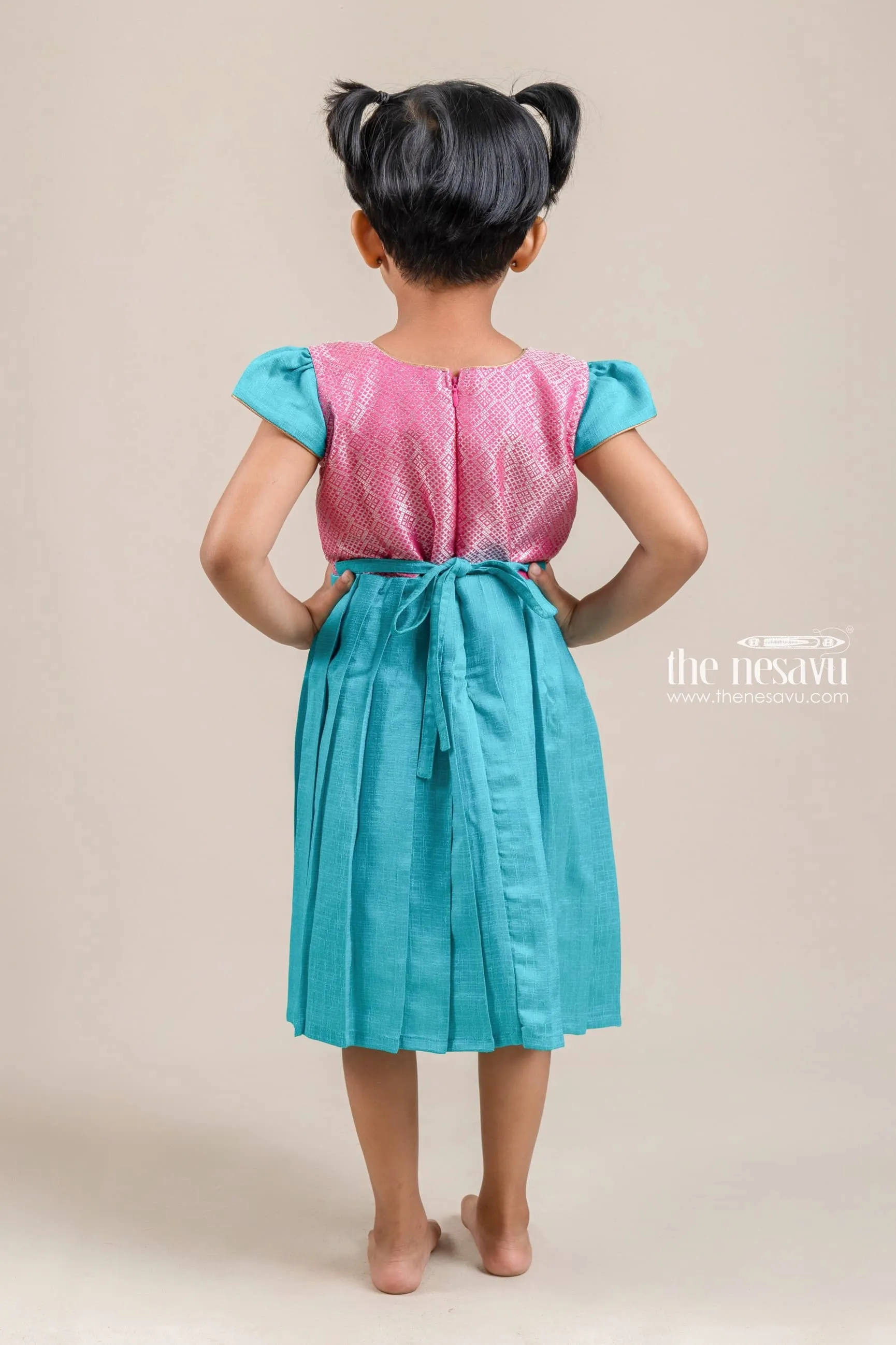 Charming Pink Bandhani Pattern Yoke And Blue Pleated Semi-Silk Frock For Girls