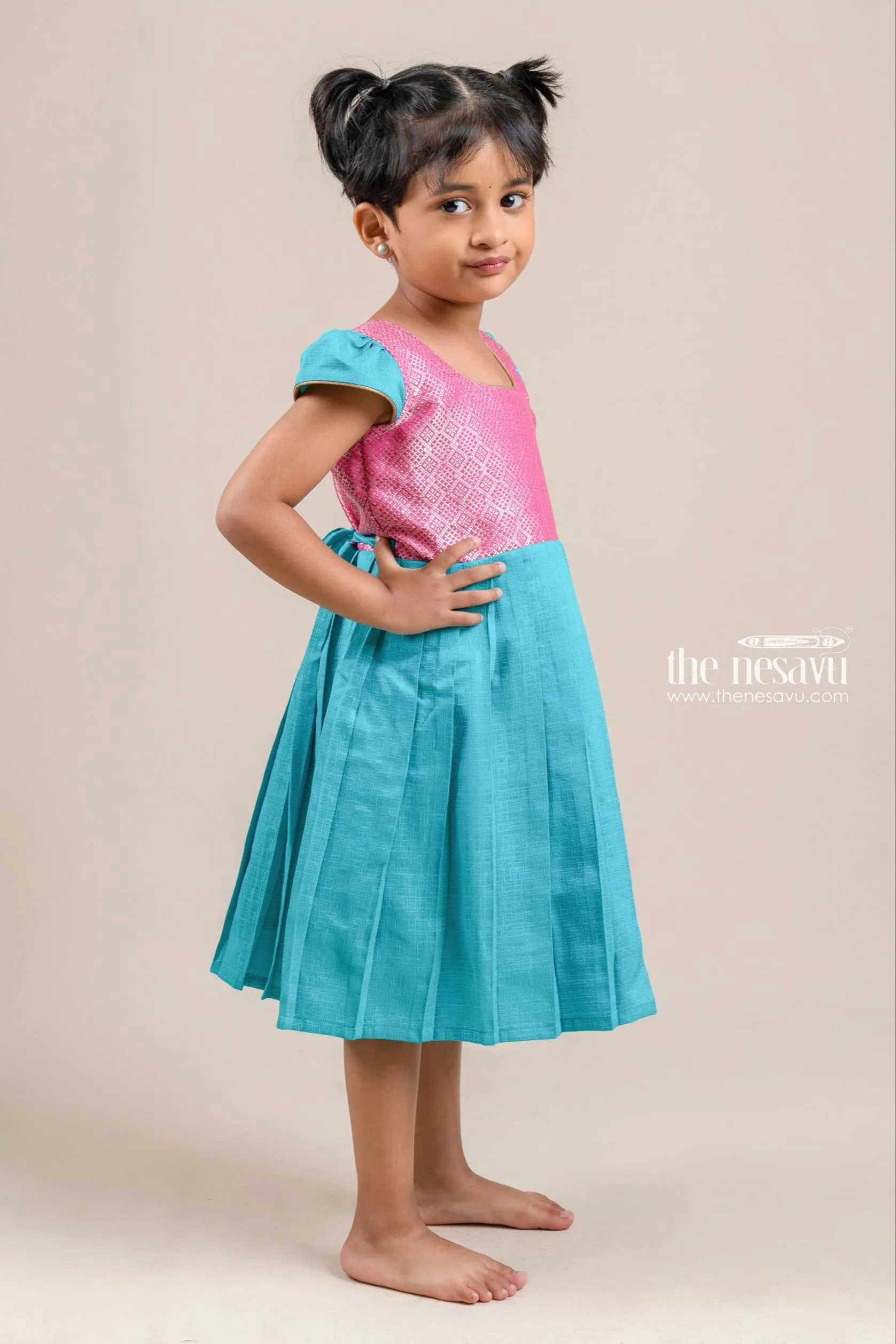 Charming Pink Bandhani Pattern Yoke And Blue Pleated Semi-Silk Frock For Girls