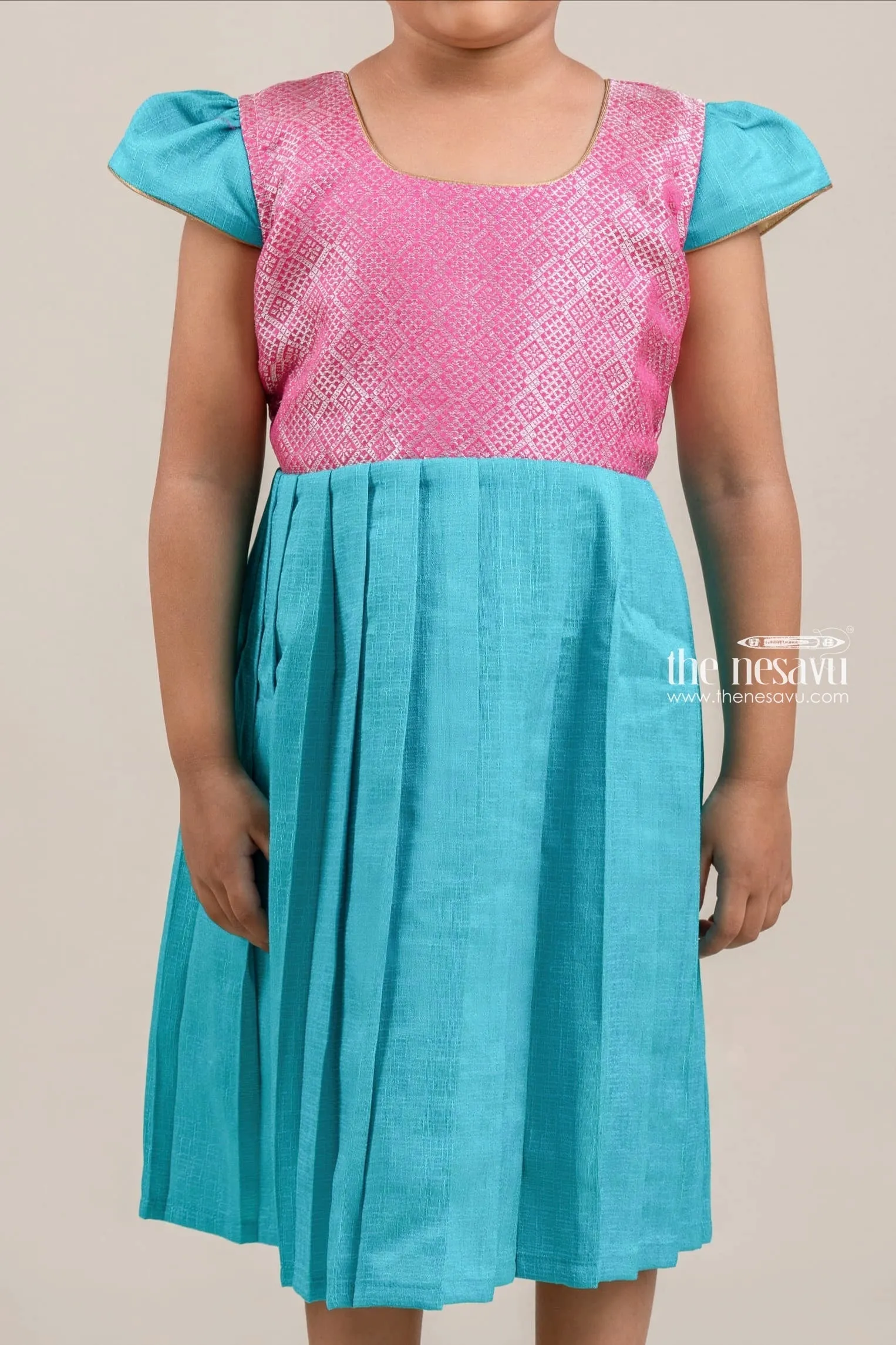 Charming Pink Bandhani Pattern Yoke And Blue Pleated Semi-Silk Frock For Girls