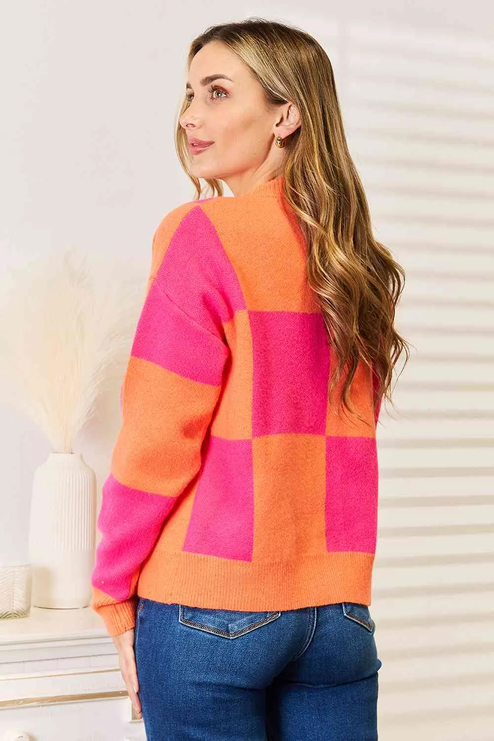 Checkered V-Neck Dropped Shoulder Cardigan in Hot Pink