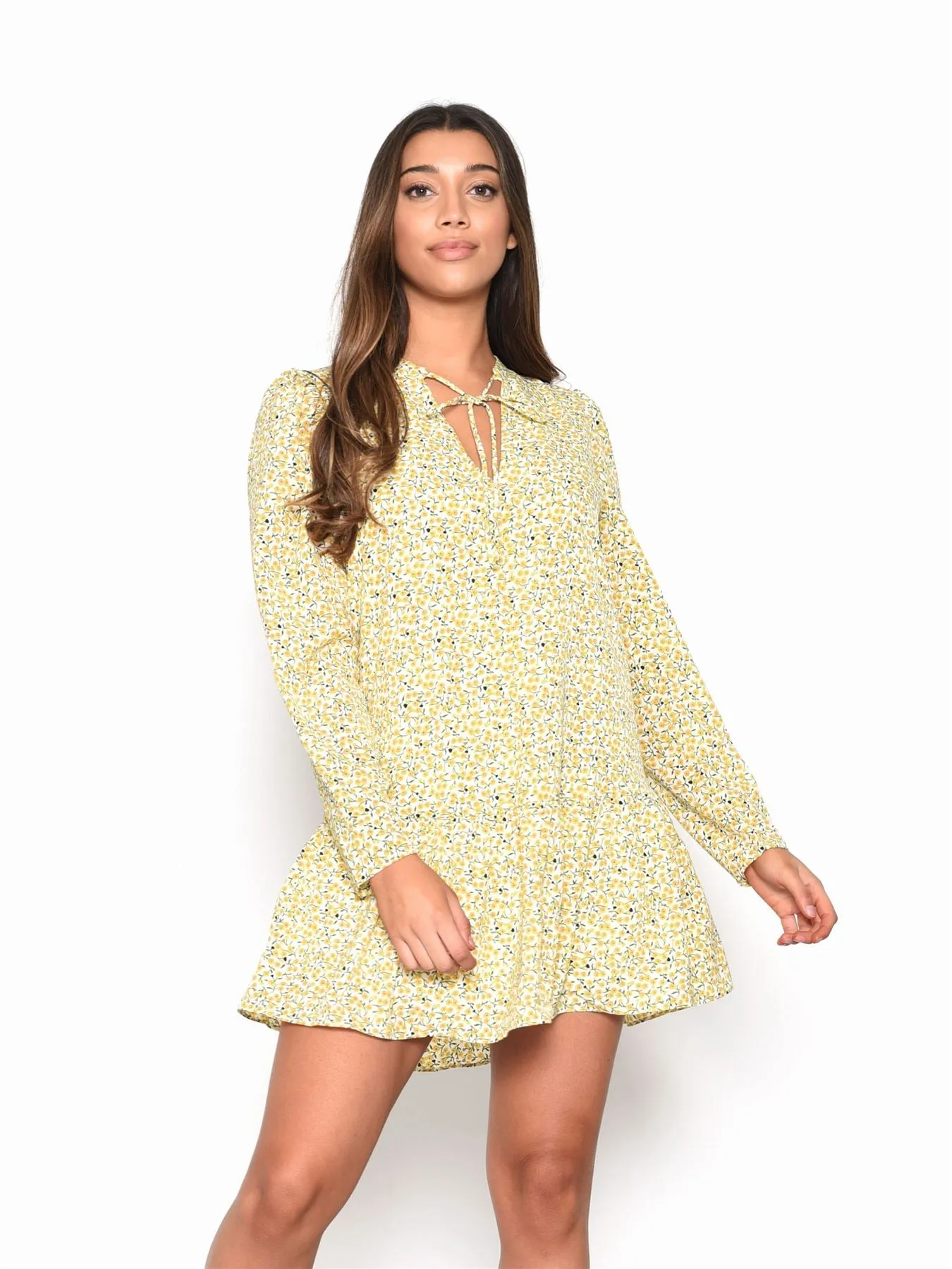 Citron Daisy Floral Long Sleeve Smock Dress