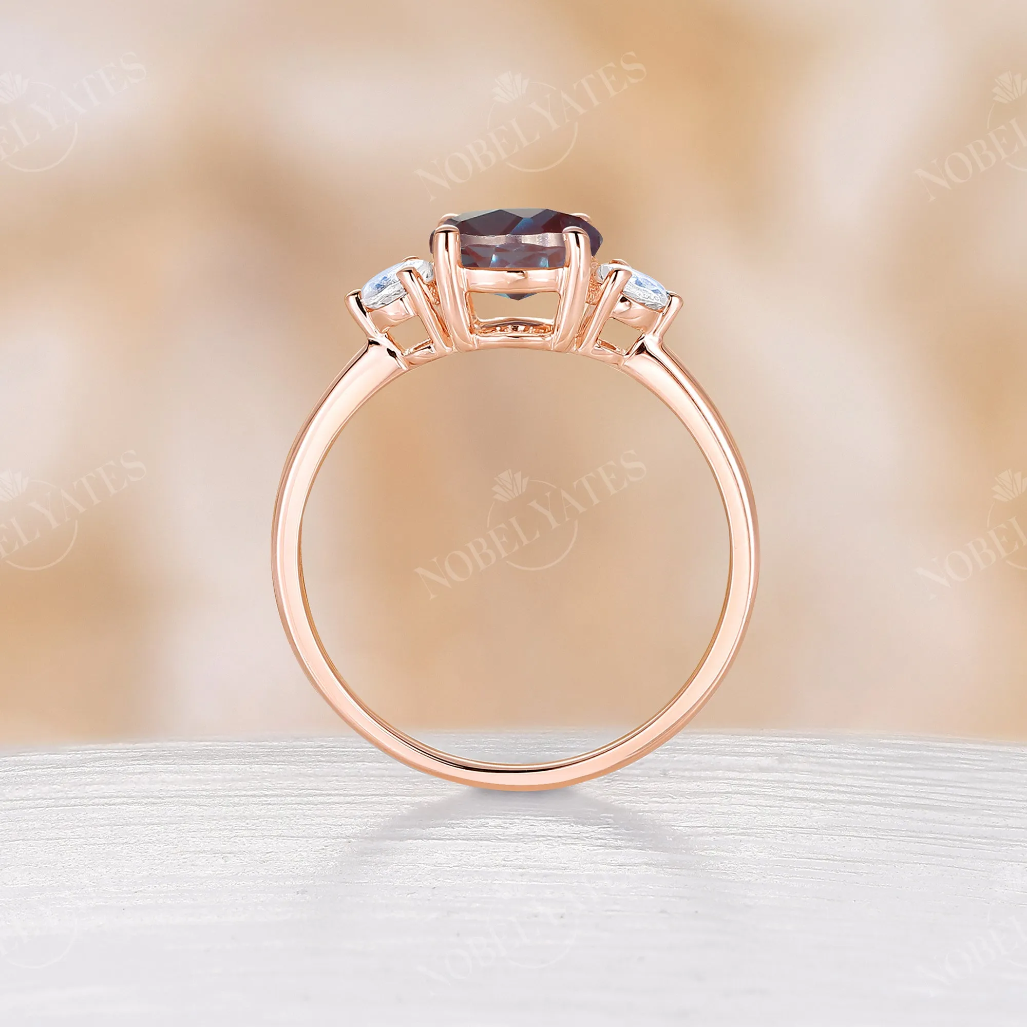 Classic Lab Alexandrite Rose Gold Three Stone Engagement Ring