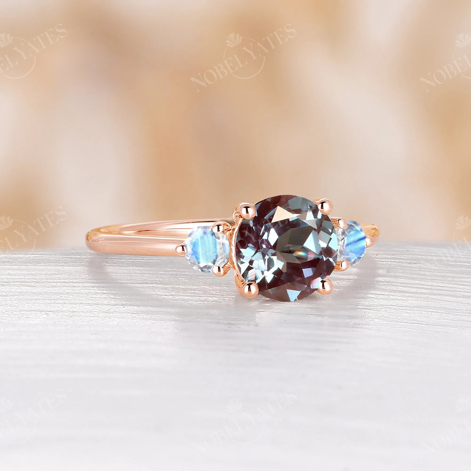 Classic Lab Alexandrite Rose Gold Three Stone Engagement Ring