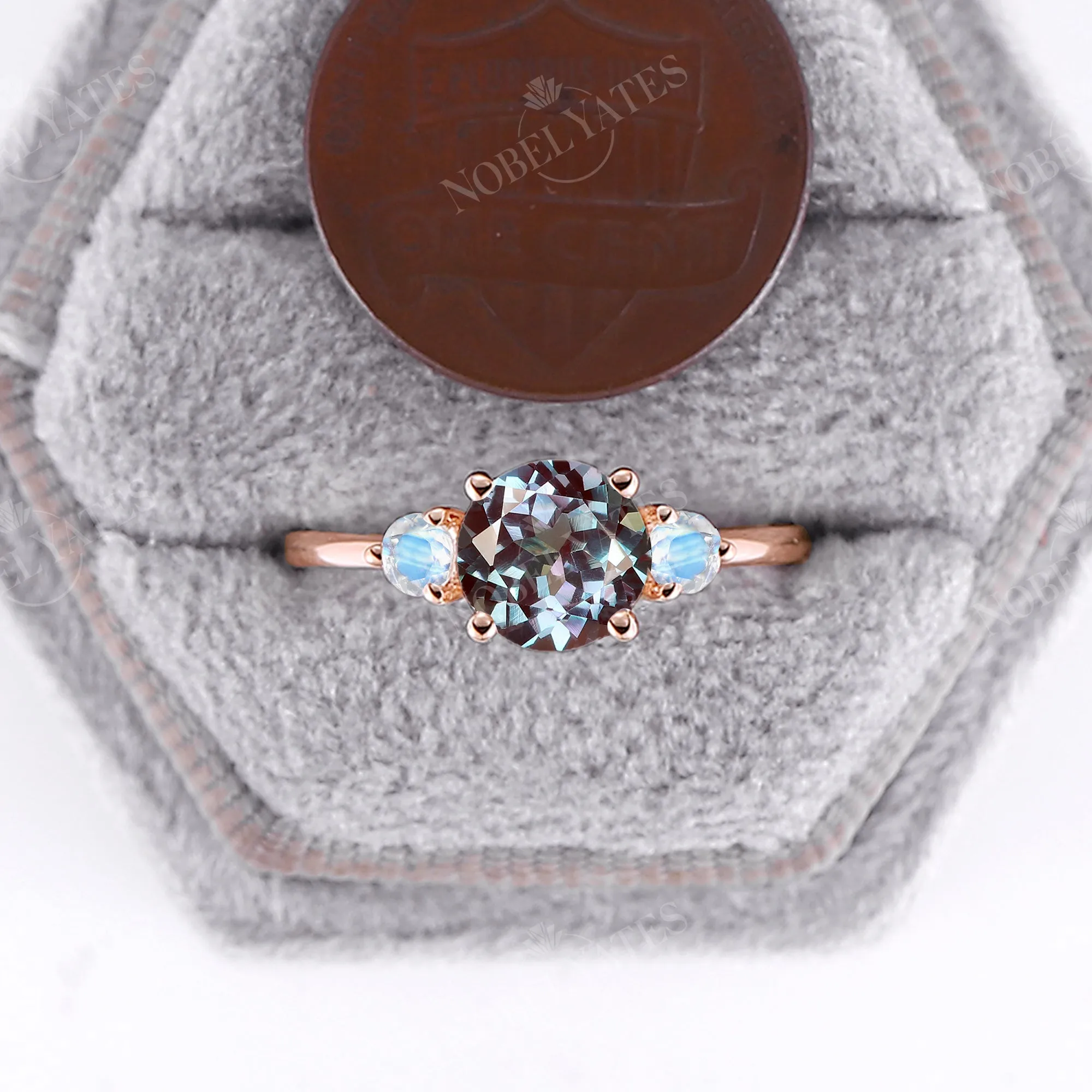 Classic Lab Alexandrite Rose Gold Three Stone Engagement Ring