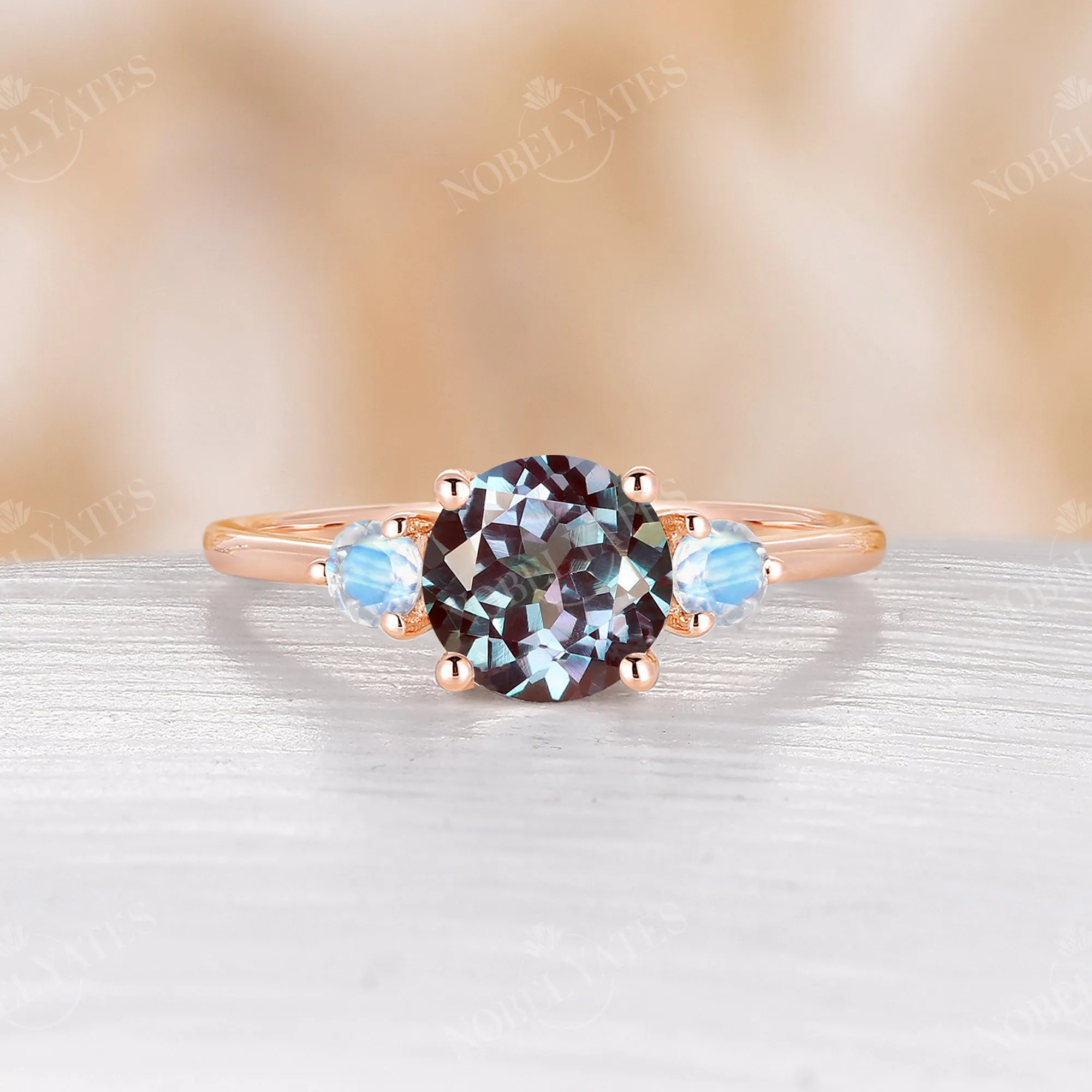 Classic Lab Alexandrite Rose Gold Three Stone Engagement Ring