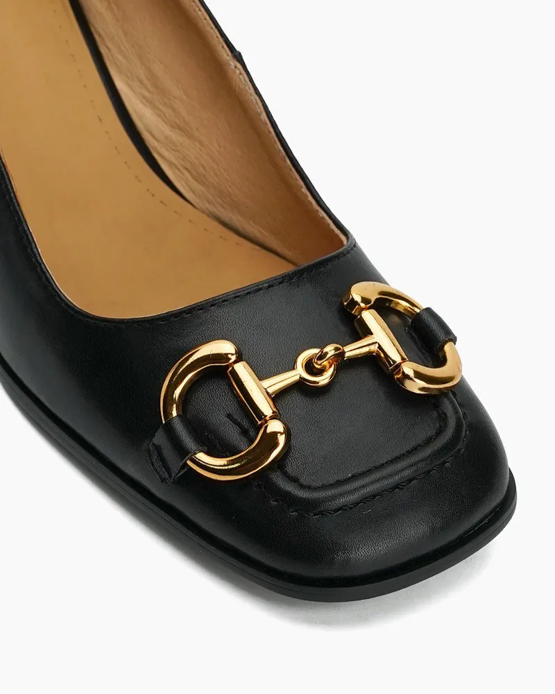 Classic Metal Buckle Thick Heel Shallow Mouth Loafers