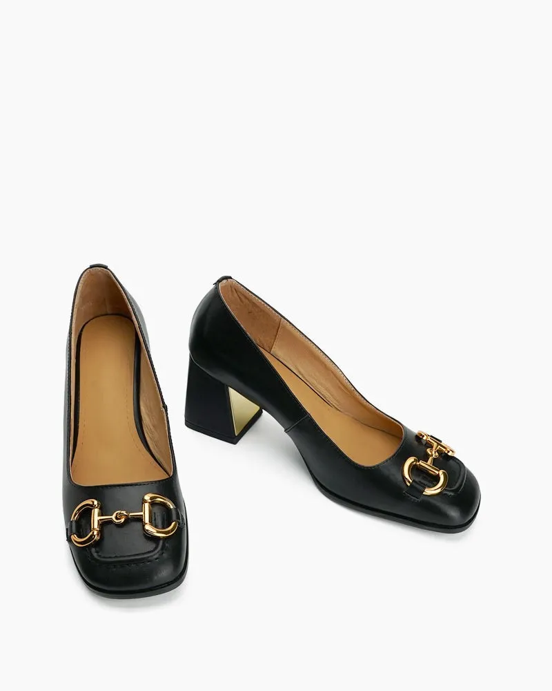 Classic Metal Buckle Thick Heel Shallow Mouth Loafers