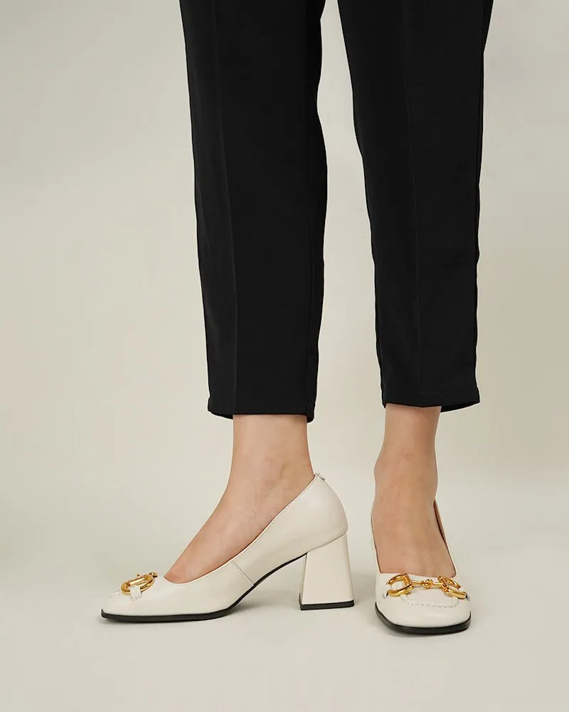 Classic Metal Buckle Thick Heel Shallow Mouth Loafers