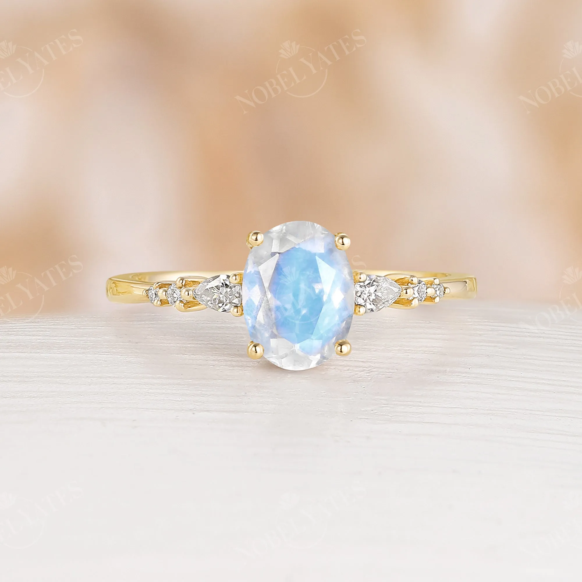 Classic Oval Blue Moonstone Moissanite Side Stone Engagement Ring